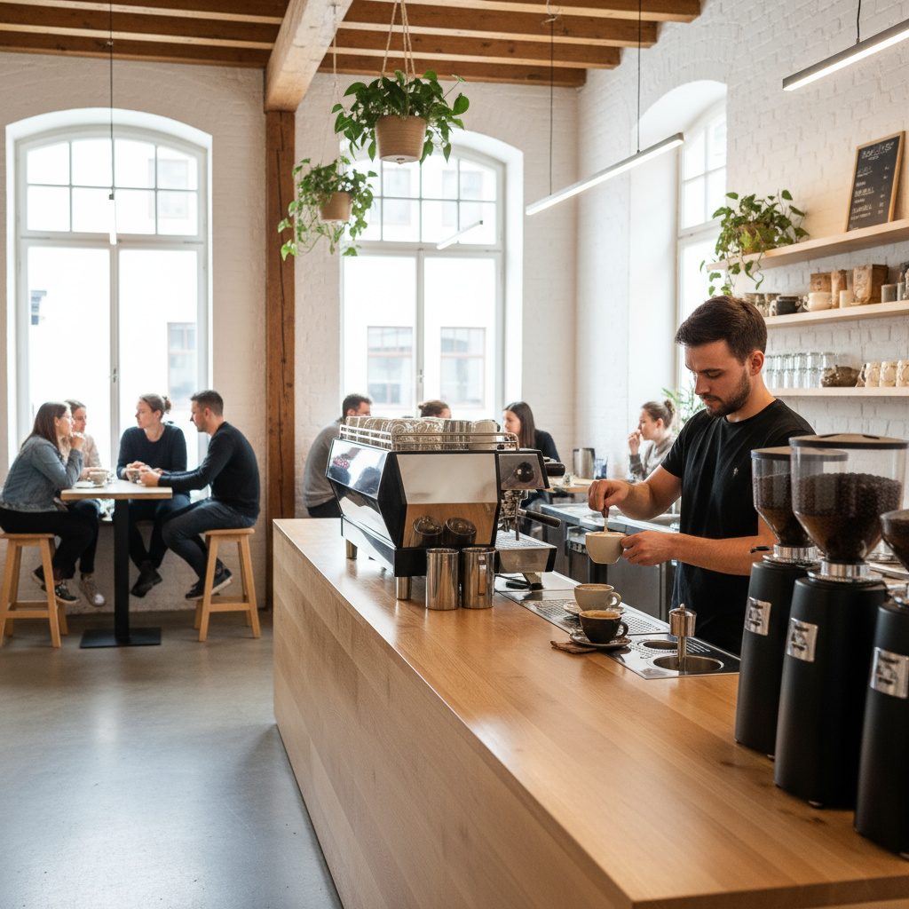 Heller Café-Tresen in Graz mit Barista und Latte Art