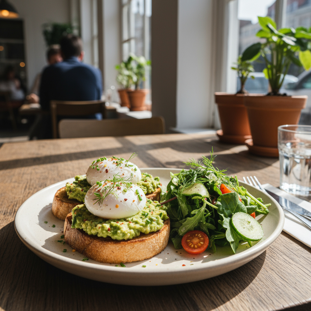 Frühstücksteller mit Avocado-Toast, Ei und Salat