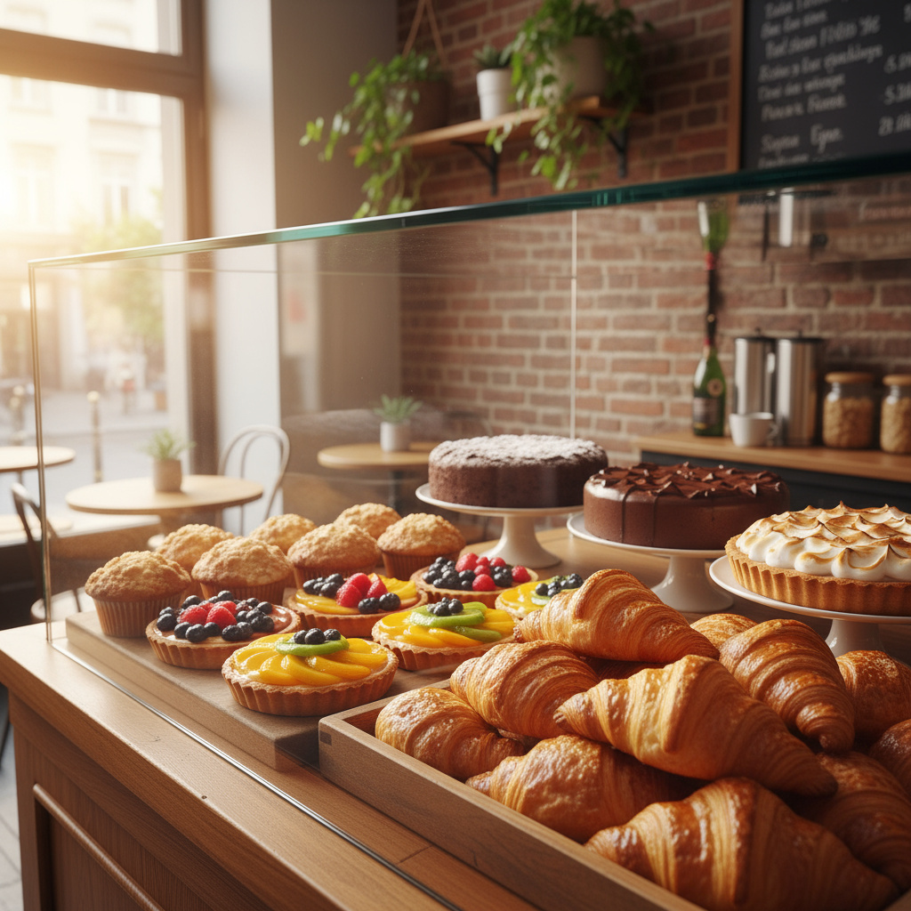 Frisch gebackene Croissants und Kuchen in der Vitrine